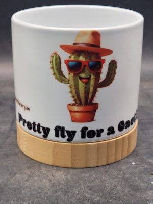 The Pioneer Nursery 4” Ceramic Planter Pot – “Pretty Fly for a Cacti” Cactus Design with Bamboo Base & Drainage Hole