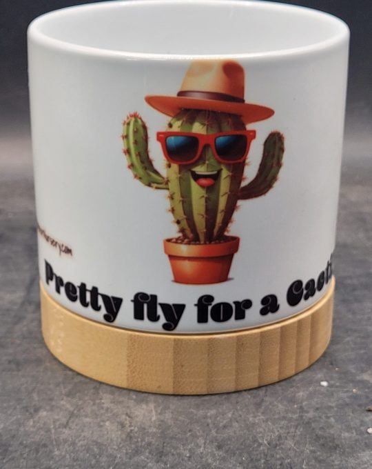 The Pioneer Nursery 4” Ceramic Planter Pot – “Pretty Fly for a Cacti” Cactus Design with Bamboo Base & Drainage Hole