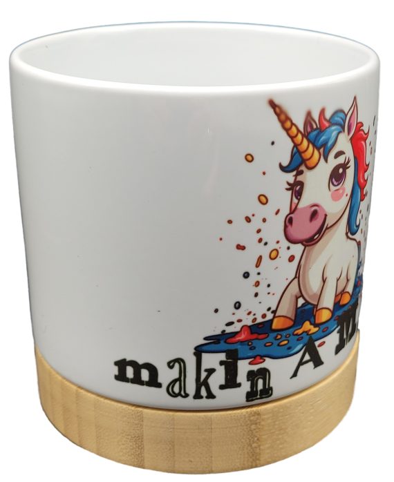 The Pioneer Nursery 4” Ceramic Planter Pot – “Makin A Mess” Unicorn Design with Bamboo Base & Drainage Hole - Image 3