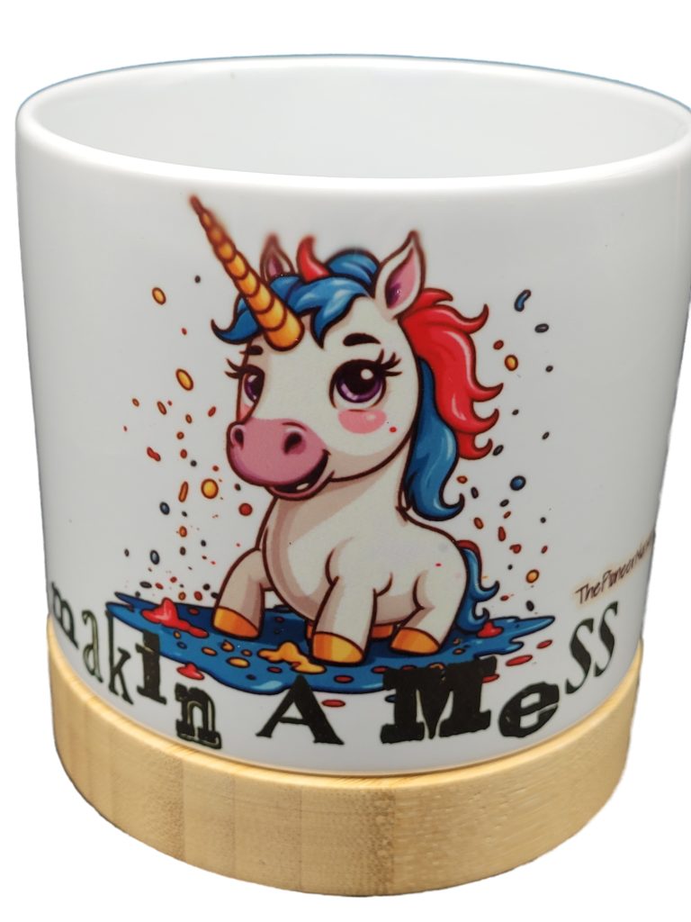The Pioneer Nursery 4” Ceramic Planter Pot – “Makin A Mess” Unicorn Design with Bamboo Base & Drainage Hole