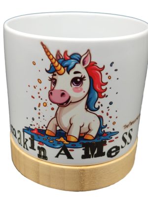 The Pioneer Nursery 4” Ceramic Planter Pot – “Makin A Mess” Unicorn Design with Bamboo Base & Drainage Hole