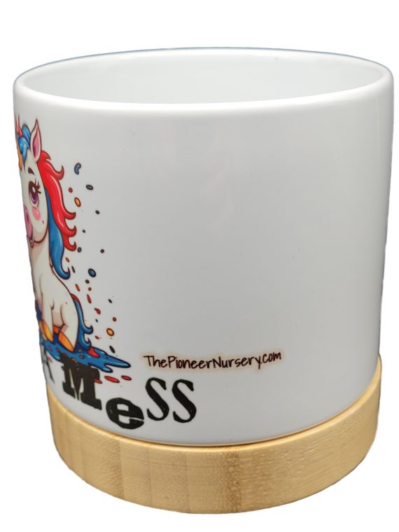 The Pioneer Nursery 4” Ceramic Planter Pot – “Makin A Mess” Unicorn Design with Bamboo Base & Drainage Hole - Image 4