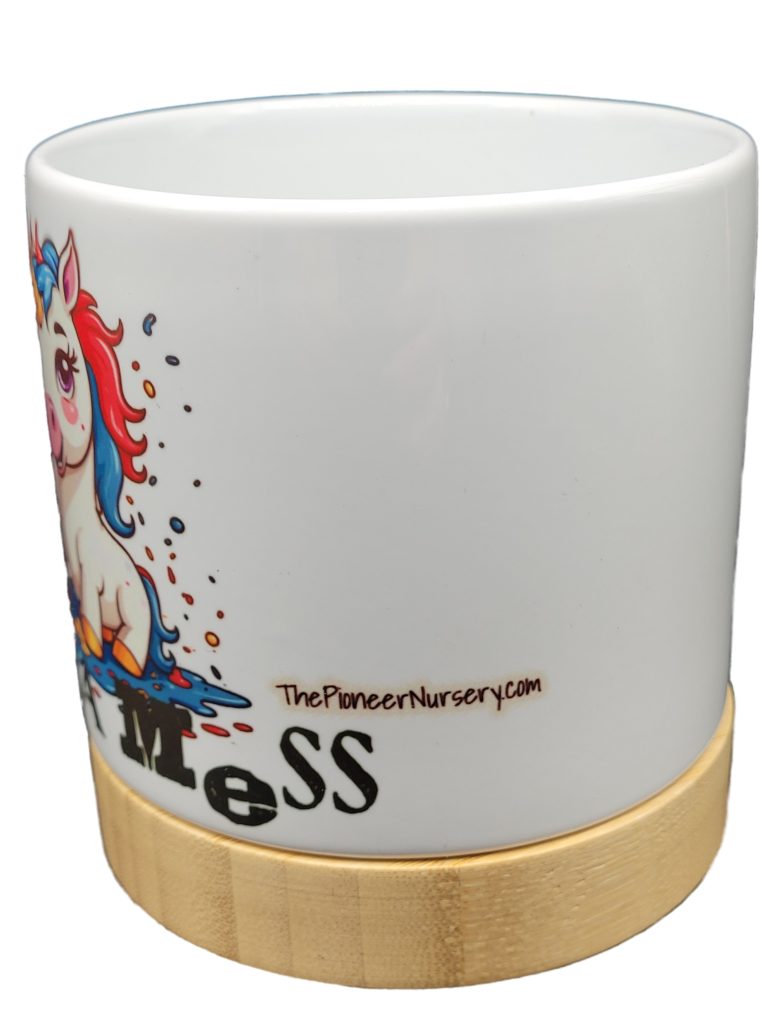 The Pioneer Nursery 4” Ceramic Planter Pot – “Makin A Mess” Unicorn Design with Bamboo Base & Drainage Hole - Image 4