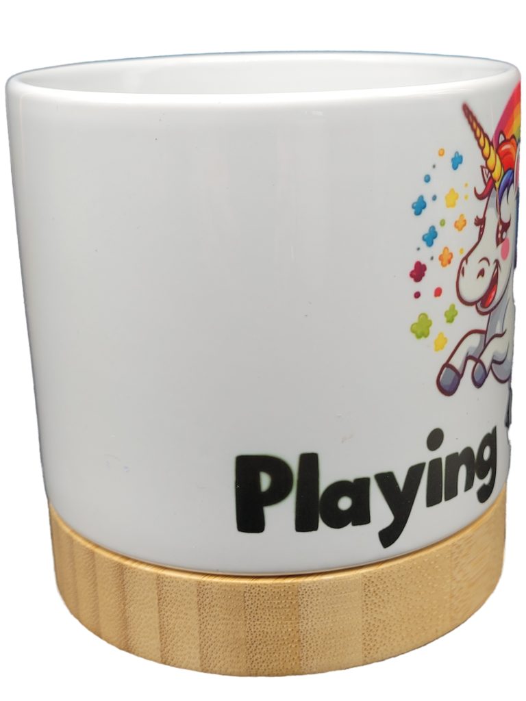 The Pioneer Nursery 4” Ceramic Planter Pot – “Playing Games” Unicorn Design with Bamboo Base & Drainage Hole - Image 4