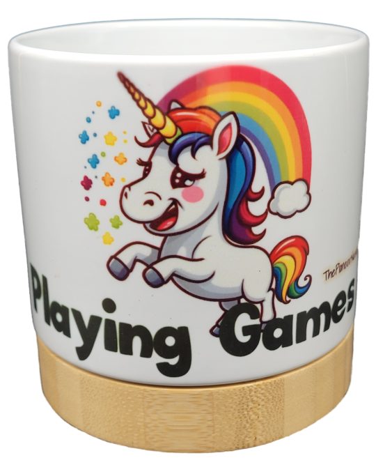 The Pioneer Nursery 4” Ceramic Planter Pot – “Playing Games” Unicorn Design with Bamboo Base & Drainage Hole