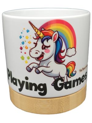 The Pioneer Nursery 4” Ceramic Planter Pot – “Playing Games” Unicorn Design with Bamboo Base & Drainage Hole