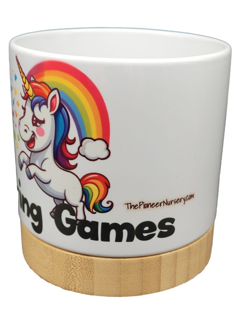 The Pioneer Nursery 4” Ceramic Planter Pot – “Playing Games” Unicorn Design with Bamboo Base & Drainage Hole - Image 2