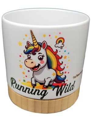 The Pioneer Nursery 4” Ceramic Planter Pot – “Running Wild” Unicorn Design with Bamboo Base & Drainage Hole