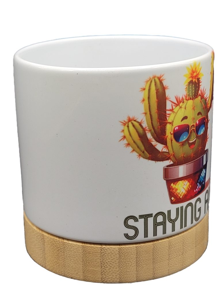 The Pioneer Nursery 4” Ceramic Planter Pot – “Staying Alive” Cactus Design with Bamboo Base & Drainage Hole - Image 3