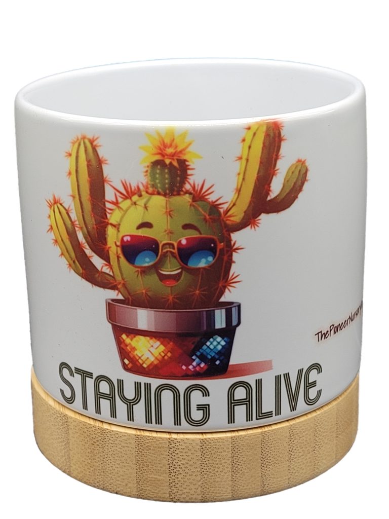 The Pioneer Nursery 4” Ceramic Planter Pot – “Staying Alive” Cactus Design with Bamboo Base & Drainage Hole