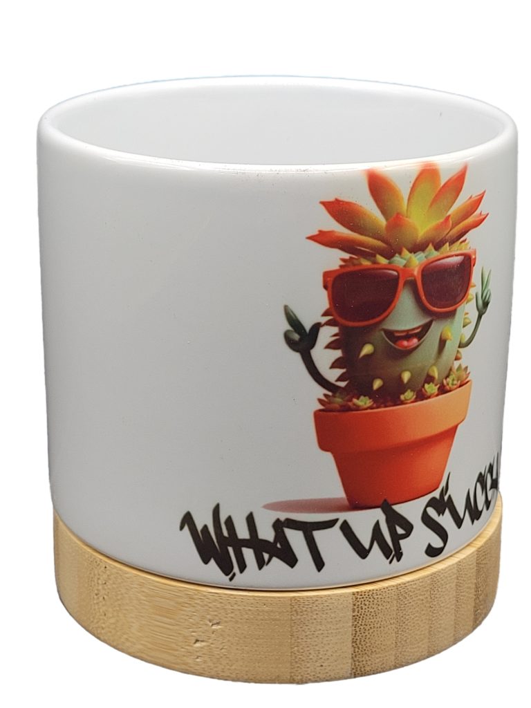 The Pioneer Nursery 4” Ceramic Planter Pot – “What Up Succa” Cactus Design with Bamboo Base & Drainage Hole - Image 6