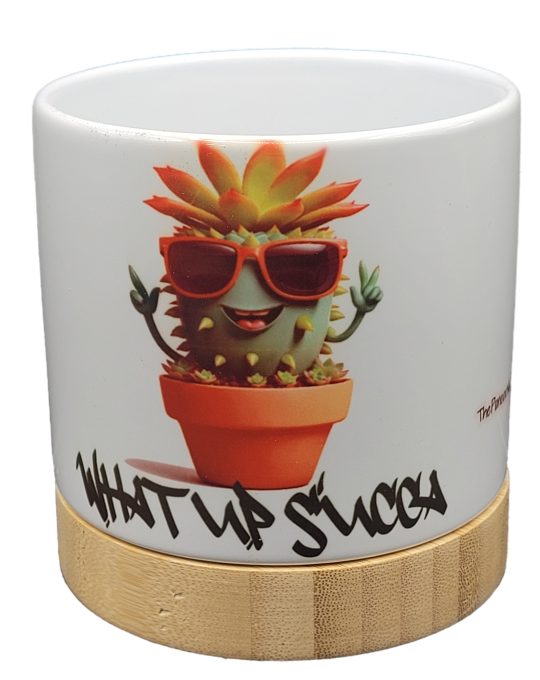 The Pioneer Nursery 4” Ceramic Planter Pot – “What Up Succa” Cactus Design with Bamboo Base & Drainage Hole