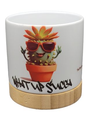 The Pioneer Nursery 4” Ceramic Planter Pot – “What Up Succa” Cactus Design with Bamboo Base & Drainage Hole
