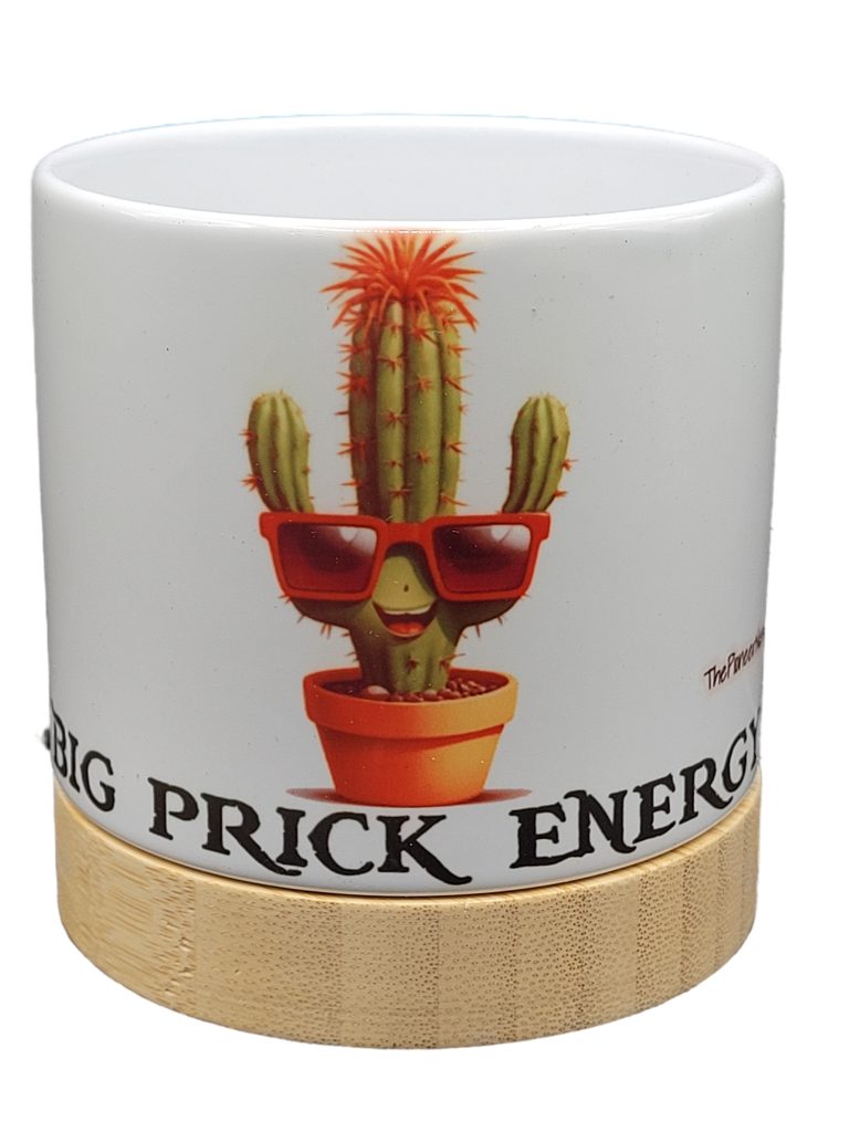 The Pioneer Nursery 4” Ceramic Planter Pot – “Big Prick Energy” Cactus Design with Bamboo Base & Drainage Hole - Image 2