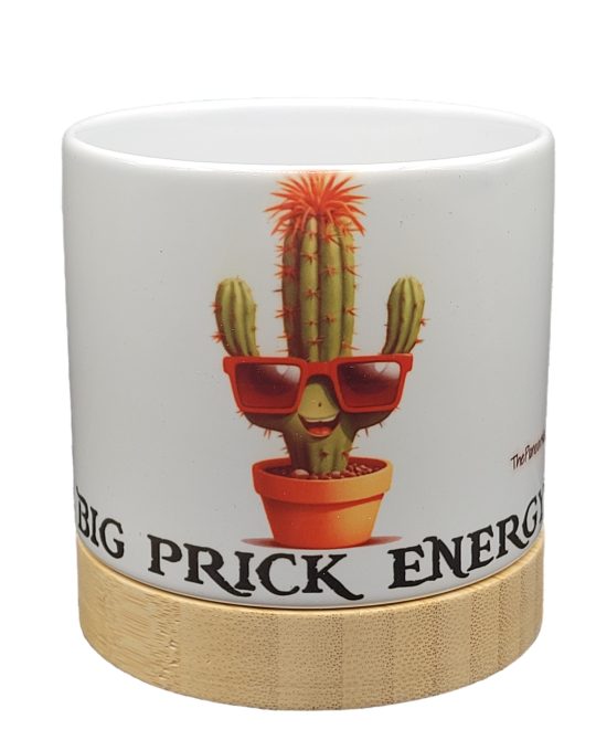 The Pioneer Nursery 4” Ceramic Planter Pot – “Big Prick Energy” Cactus Design with Bamboo Base & Drainage Hole