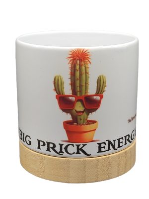 The Pioneer Nursery 4” Ceramic Planter Pot – “Big Prick Energy” Cactus Design with Bamboo Base & Drainage Hole