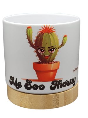 The Pioneer Nursery 4” Ceramic Planter Pot – “Me Soo Thorny” Cactus Design with Bamboo Base & Drainage Hole