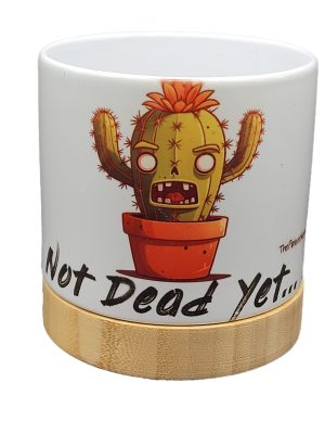 The Pioneer Nursery 4” Ceramic Planter Pot – “Not Dead Yet” Cactus Design with Bamboo Base & Drainage