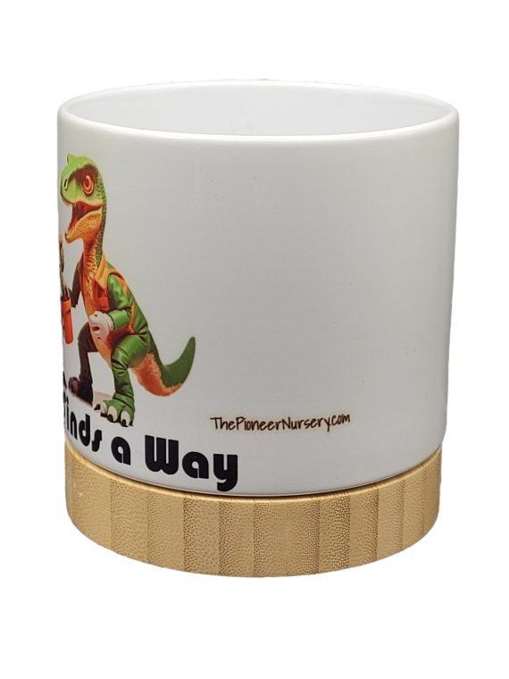 The Pioneer Nursery 4” Ceramic Planter Pot – “Life Finds A Way” Dino Cactus Design with Bamboo Base & Drainage Hole - Image 7