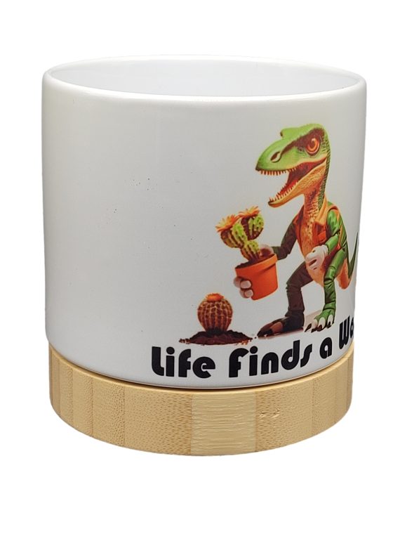 The Pioneer Nursery 4” Ceramic Planter Pot – “Life Finds A Way” Dino Cactus Design with Bamboo Base & Drainage Hole - Image 6