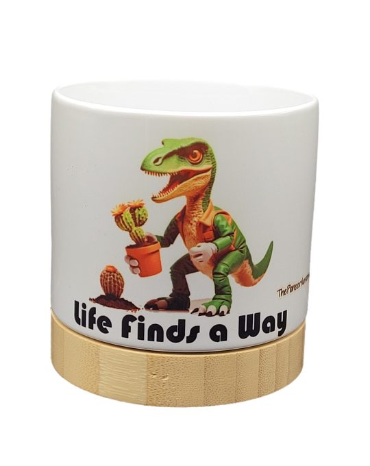 The Pioneer Nursery 4” Ceramic Planter Pot – “Life Finds A Way” Dino Cactus Design with Bamboo Base & Drainage Hole