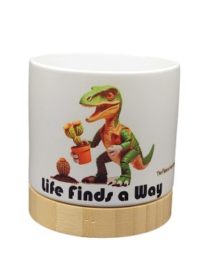 The Pioneer Nursery 4” Ceramic Planter Pot – “Life Finds A Way” Dino Cactus Design with Bamboo Base & Drainage Hole