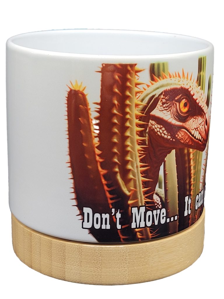 The Pioneer Nursery 4” Ceramic Planter Pot – “It Can See You” Dino Cactus Design with Bamboo Base & Drainage Hole - Image 4