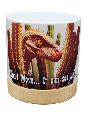 The Pioneer Nursery 4” Ceramic Planter Pot – “It Can See You” Dino Cactus Design with Bamboo Base & Drainage Hole