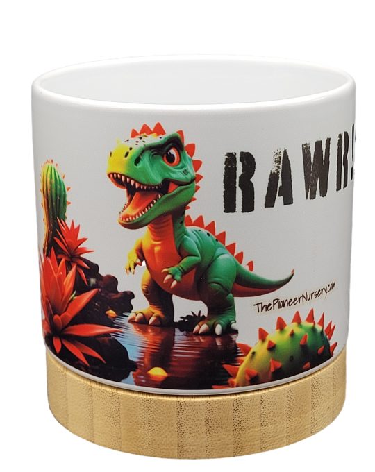 The Pioneer Nursery 4” Ceramic Planter Pot – “RAWR” Dino Cactus Design with Bamboo Base & Drainage Hole