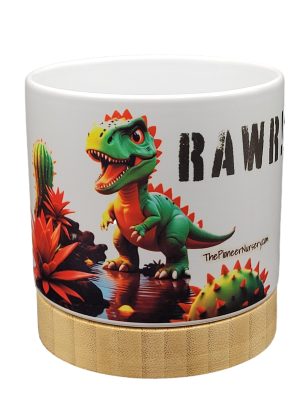 The Pioneer Nursery 4” Ceramic Planter Pot – “RAWR” Dino Cactus Design with Bamboo Base & Drainage Hole