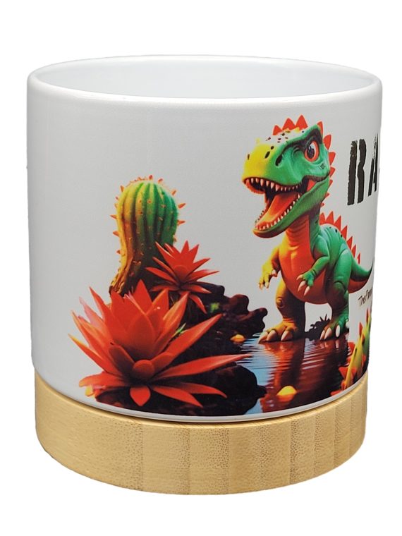 The Pioneer Nursery 4” Ceramic Planter Pot – “RAWR” Dino Cactus Design with Bamboo Base & Drainage Hole - Image 4