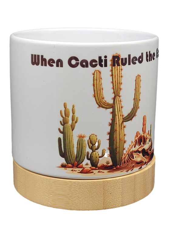 The Pioneer Nursery 4” Ceramic Planter Pot – “When Cacti Ruled The Earth” Dino Cactus Design with Bamboo Base & Drainage Hole - Image 3
