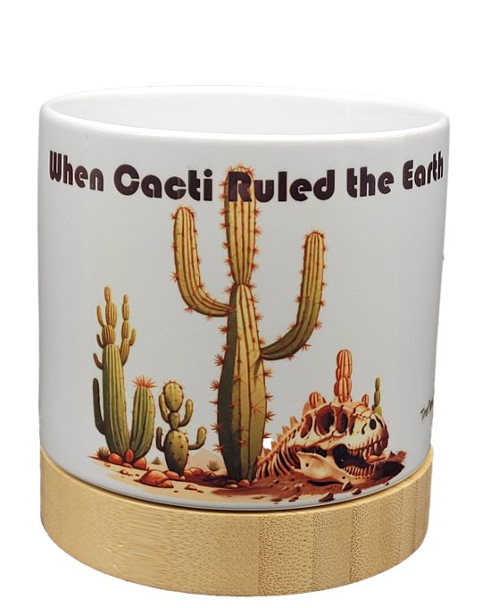 The Pioneer Nursery 4” Ceramic Planter Pot – “When Cacti Ruled The Earth” Dino Cactus Design with Bamboo Base & Drainage Hole