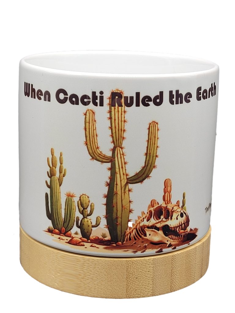 The Pioneer Nursery 4” Ceramic Planter Pot – “When Cacti Ruled The Earth” Dino Cactus Design with Bamboo Base & Drainage Hole