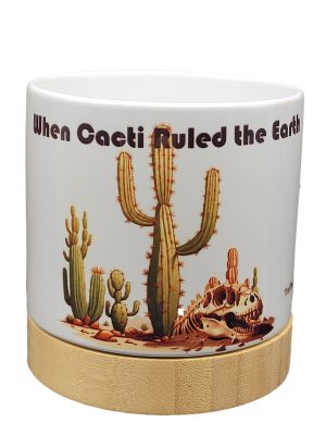 The Pioneer Nursery 4” Ceramic Planter Pot – “When Cacti Ruled The Earth” Dino Cactus Design with Bamboo Base & Drainage Hole