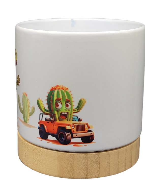 The Pioneer Nursery 4” Ceramic Planter Pot – “TRex Chase” Dino Cactus Design with Bamboo Base & Drainage Hole - Image 3