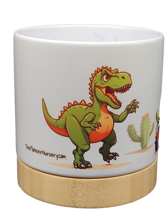 The Pioneer Nursery 4” Ceramic Planter Pot – “TRex Chase” Dino Cactus Design with Bamboo Base & Drainage Hole - Image 4