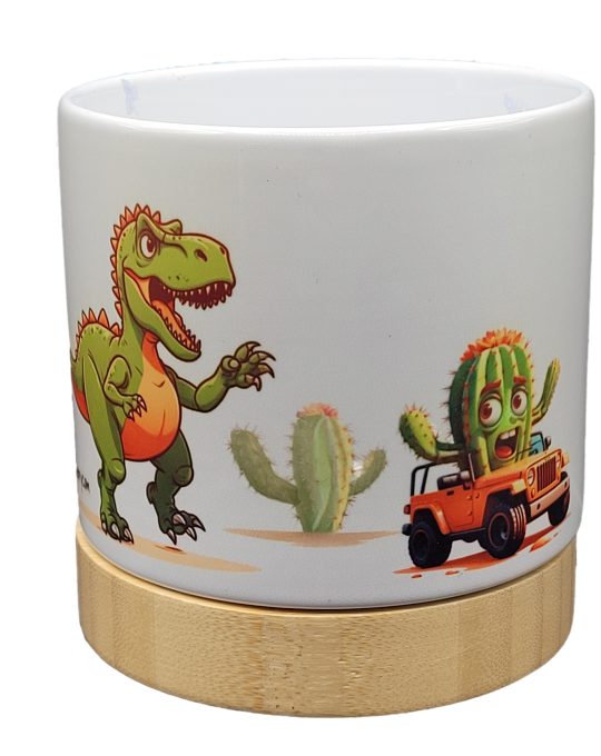 The Pioneer Nursery 4” Ceramic Planter Pot – “TRex Chase” Dino Cactus Design with Bamboo Base & Drainage Hole