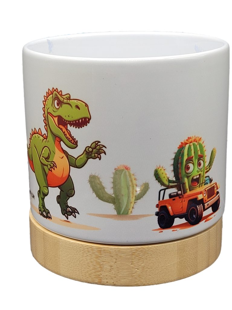 The Pioneer Nursery 4” Ceramic Planter Pot – “TRex Chase” Dino Cactus Design with Bamboo Base & Drainage Hole