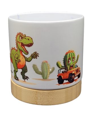 The Pioneer Nursery 4” Ceramic Planter Pot – “TRex Chase” Dino Cactus Design with Bamboo Base & Drainage Hole