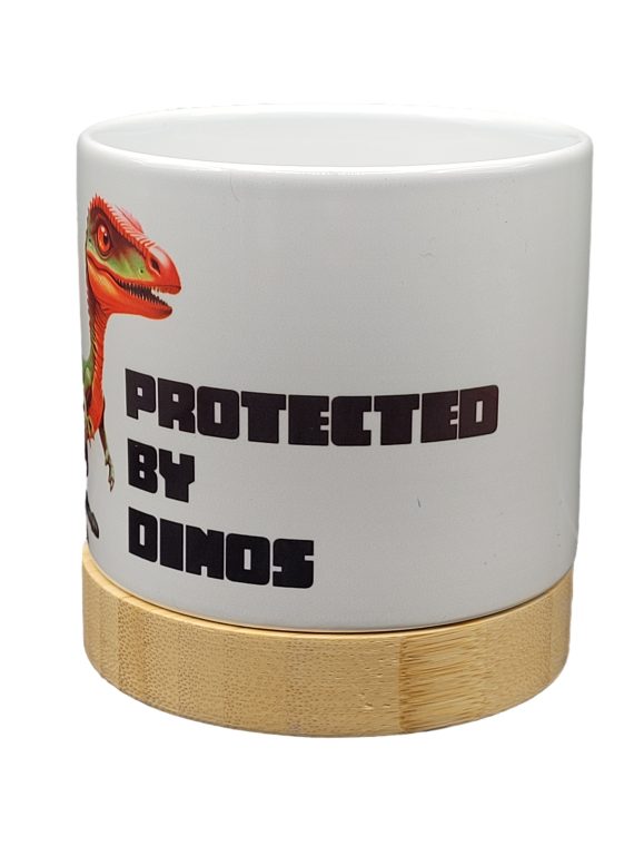 The Pioneer Nursery 4” Ceramic Planter Pot – “Protected By Dinos" Dino Cactus Design with Bamboo Base & Drainage Hole - Image 7