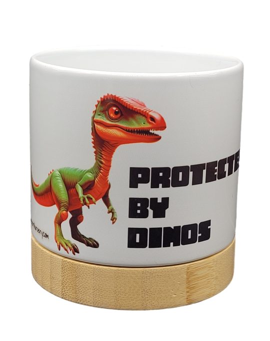 The Pioneer Nursery 4” Ceramic Planter Pot – “Protected By Dinos" Dino Cactus Design with Bamboo Base & Drainage Hole