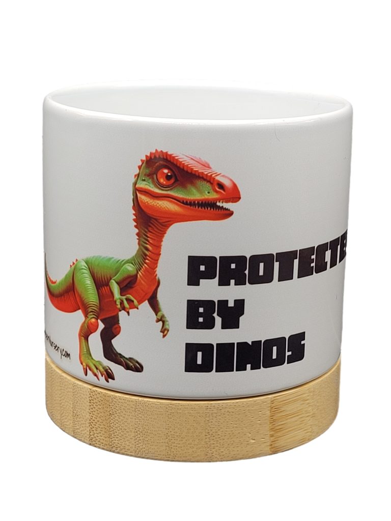 The Pioneer Nursery 4” Ceramic Planter Pot – “Protected By Dinos" Dino Cactus Design with Bamboo Base & Drainage Hole