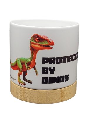 The Pioneer Nursery 4” Ceramic Planter Pot – “Protected By Dinos" Dino Cactus Design with Bamboo Base & Drainage Hole
