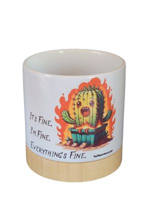 The Pioneer Nursery 4” Ceramic Planter Pot – “Dumpster Fire” Cactus Design with Bamboo Base & Drainage Hole