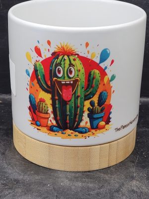The Pioneer Nursery 4” Ceramic Planter Pot – “Goofy Fool ” Cactus Design with Bamboo Base & Drainage Hole