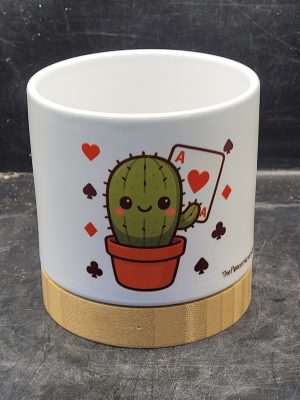The Pioneer Nursery 4” Ceramic Planter Pot – “Ace Of Hearts” Cactus Design with Bamboo Base & Drainage Hole