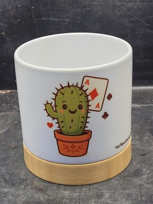 The Pioneer Nursery 4” Ceramic Planter Pot – “Ace Of Diamonds” Cactus Design with Bamboo Base & Drainage Hole