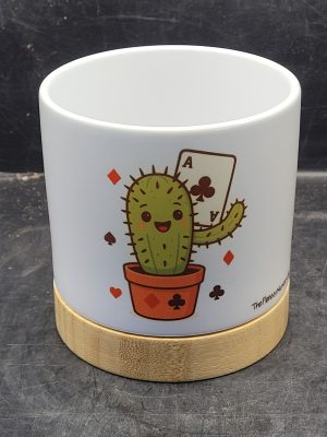 The Pioneer Nursery 4” Ceramic Planter Pot – “Ace Of Clubs” Cactus Design with Bamboo Base & Drainage Hole