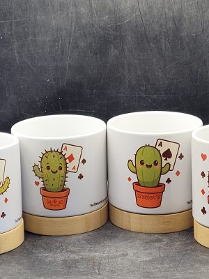 The Pioneer Nursery 4” Ceramic Planter Pot – “Four Aces” Set of 4 Cactus Design with Bamboo Base & Drainage Hole